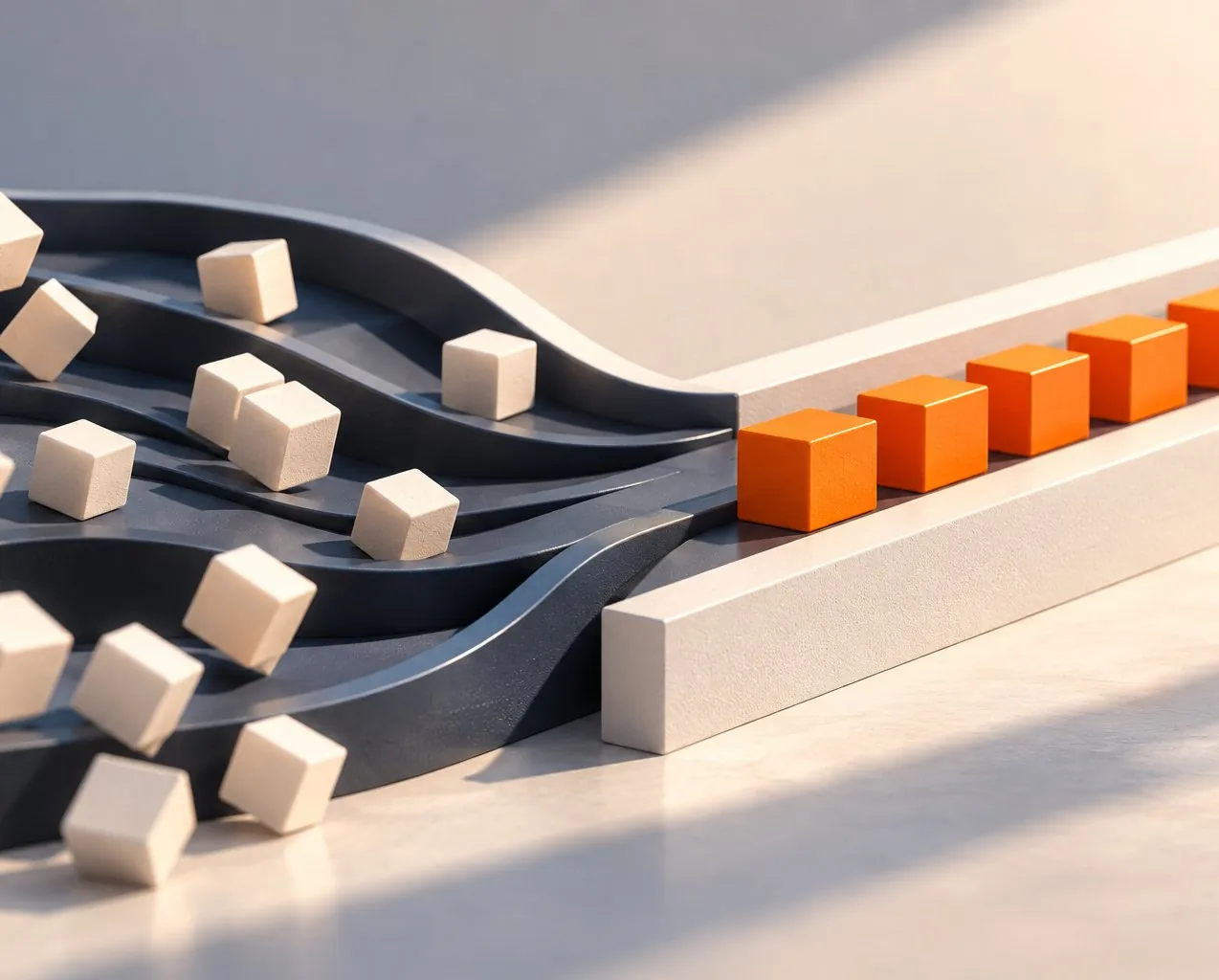 Abstract illustration of scattered blocks becoming an orderly automated flow
