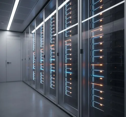 Data center aisle with illuminated server racks