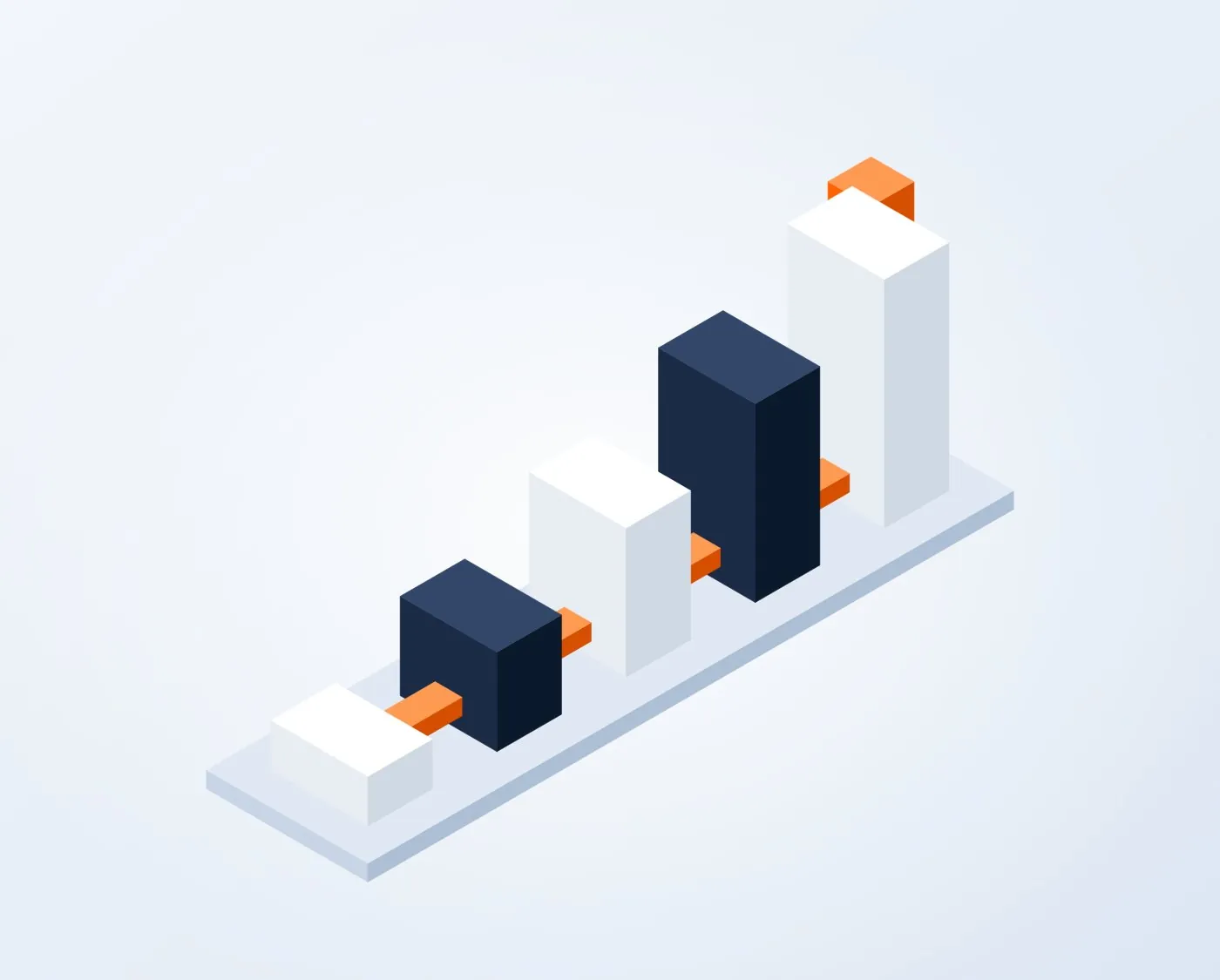 Abstract illustration of connected systems stepping up in height, the tallest topped in orange