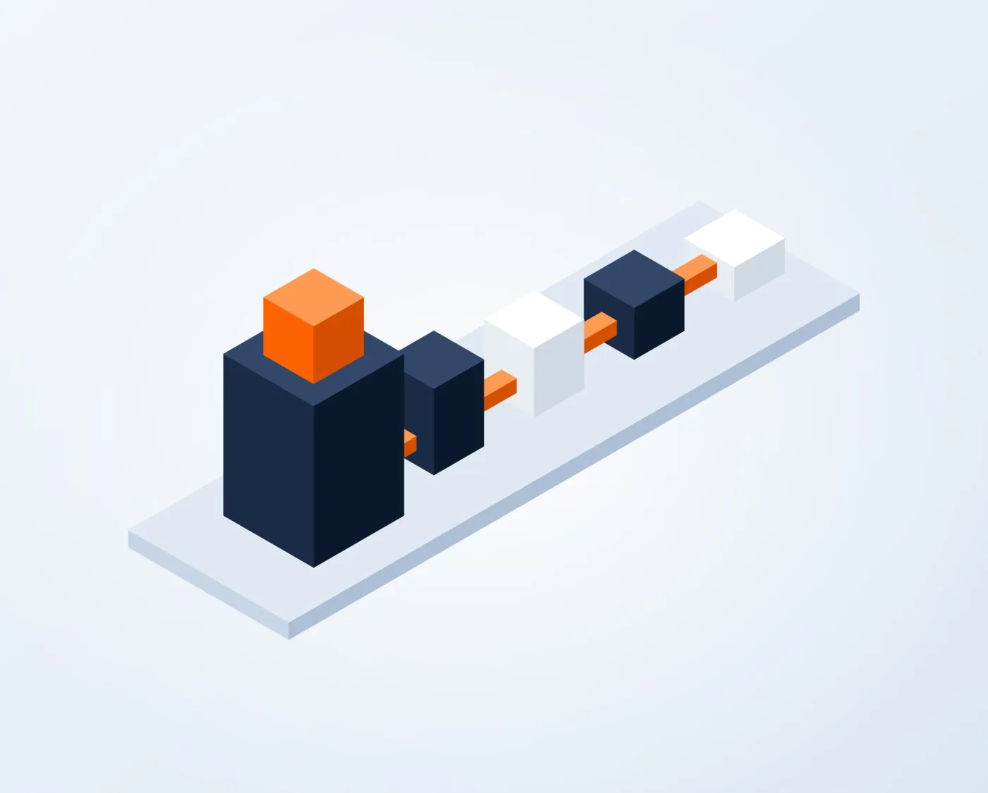 Abstract illustration of connected blocks flowing into a tall tower topped in orange