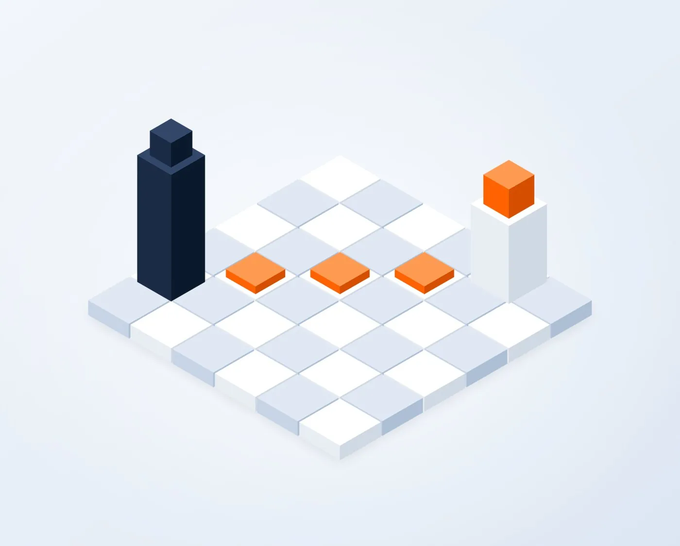 Abstract illustration of a roadmap board with a leader piece, orange steps and an orange-topped goal